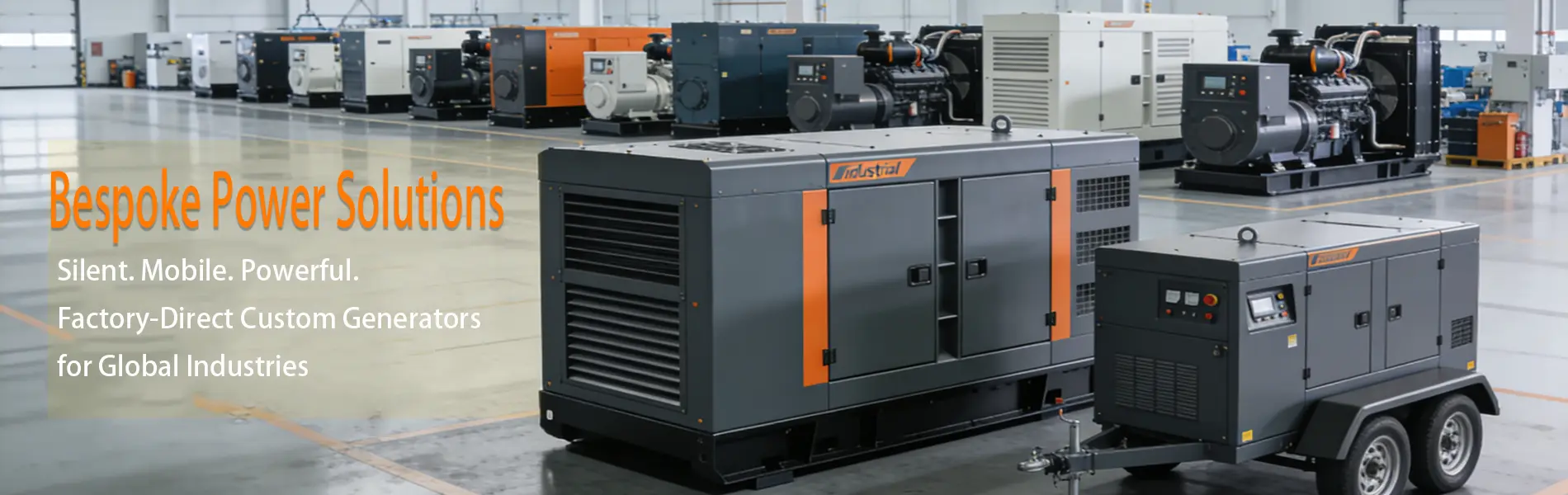 101 Customized silent and mobile diesel generator sets in a modern factory, available in various power capacities and top engine brands for industrial power solutions.