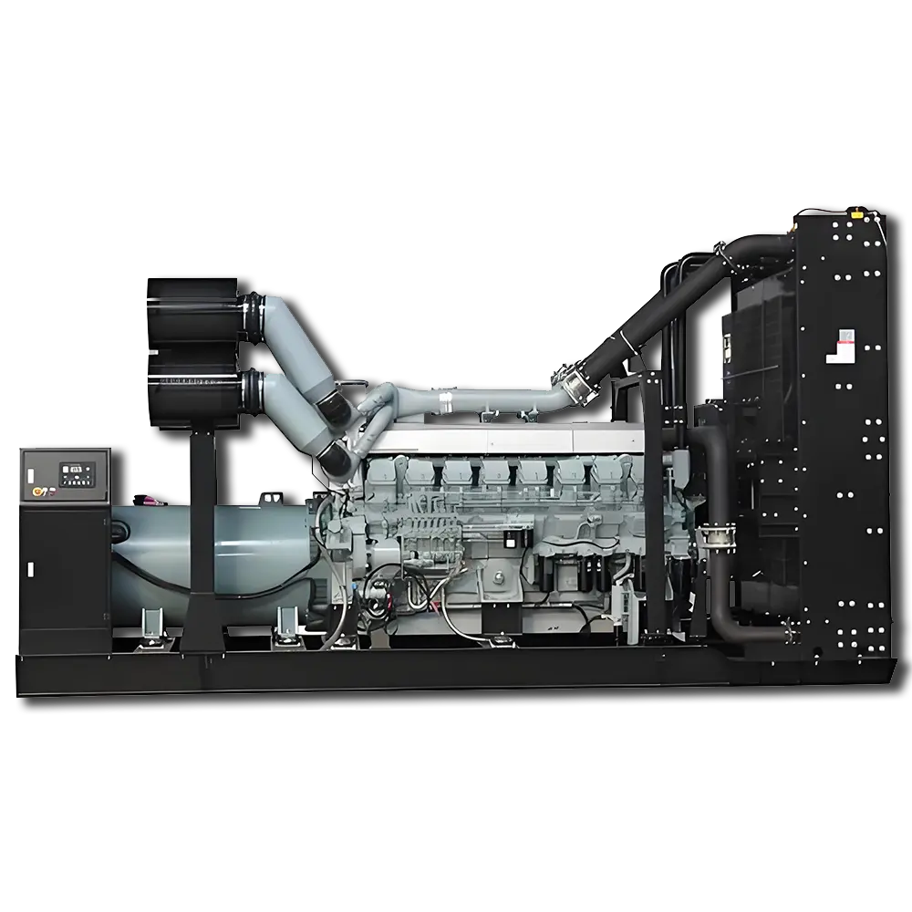Mitsubishi diesel generator set on white background – Japanese V-type engineering, 100-year heavy industry legacy.